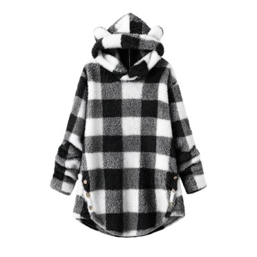 Plebaso Chandails à Capuche Duveteux pour Femmes à Carreaux Confortables en Sherpa à Enfiler à Manches Longues Doux Chandails à Capuche de Détente