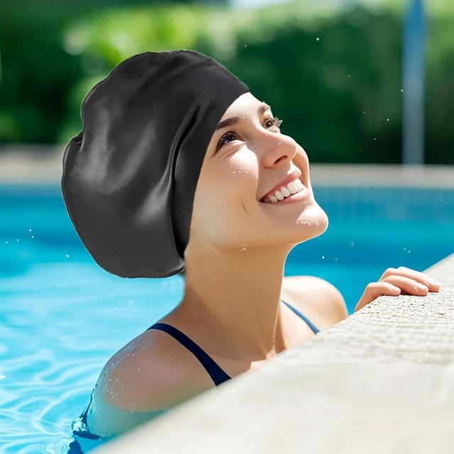 Meitianfacai Oversized Silicone Swimming Cap For Adults Large Head Coverage Waterproof Hair Protection Elastic Swim Cap For Long Thick Hair Pool Beach Use (Black)