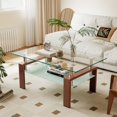thumbnail image 1 of QJTC Rectangle Glass Coffee Table with Storage Shelf, Clear Coffee Table with Walnut Metal Legs for Living Room, 1 of 10