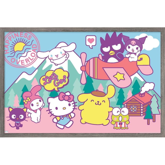 Hello Kitty and Friends - Happiness Overload Wall Poster, 14.725" x 22.375" framed, depicting Hello Kitty, My Melody, Pompompurin, Keroppi, Badtz-Maru, Kuromi, and Cinnamoroll in a colorful mountain landscape with a pink airplane and log cabin, suitable wall art for bedrooms, kids' rooms, or dorms.