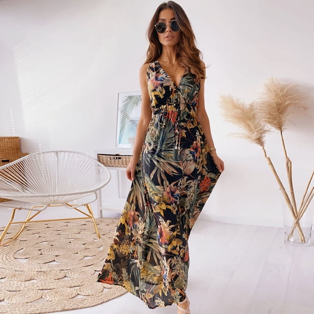 Aqestyerly Robe à Col en V pour Femmes Sans Manches Mi-Mollet Longue Robe Aguichant Dos Ouvert Design Imprimé Tenue Décontractée d'Été HWRETIE