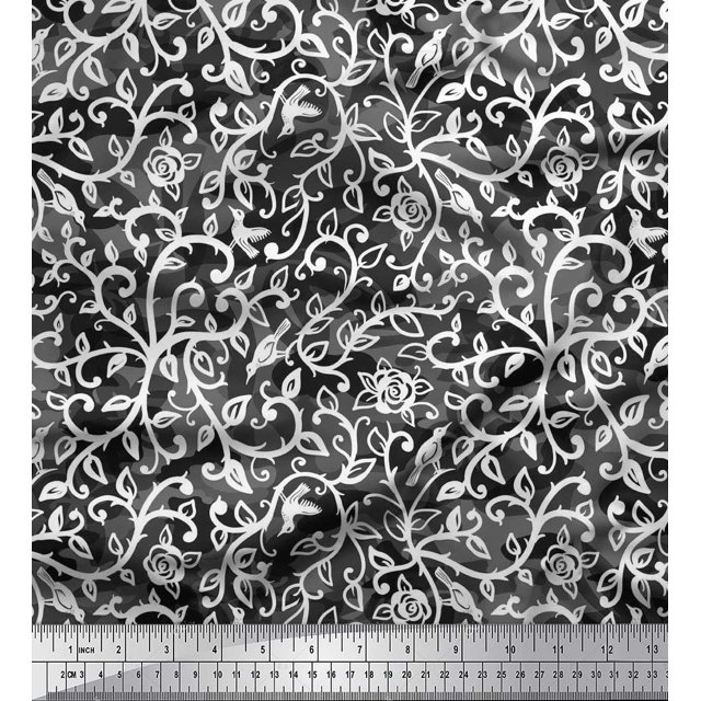 Soimoi Velvet Fabric Leaves,Bird & Rose Flower Decor Fabric Printed Yard 58 Inch Wide