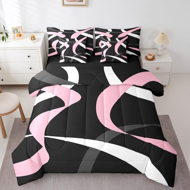 Erosebridal Ensemble de Literie Moderne à Rayures Format Double, Ensemble de Lit à Lignes Abstraites, Noir Rose, Réversible, Respirant, 7 Pcs
