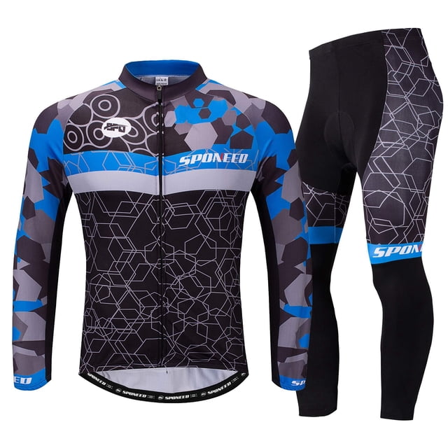 Sponeed Cycling Jersey Set Men Long Sleeve Reflective Breathable Bicycling Tops Bike Riding Pants Padded Blue XL