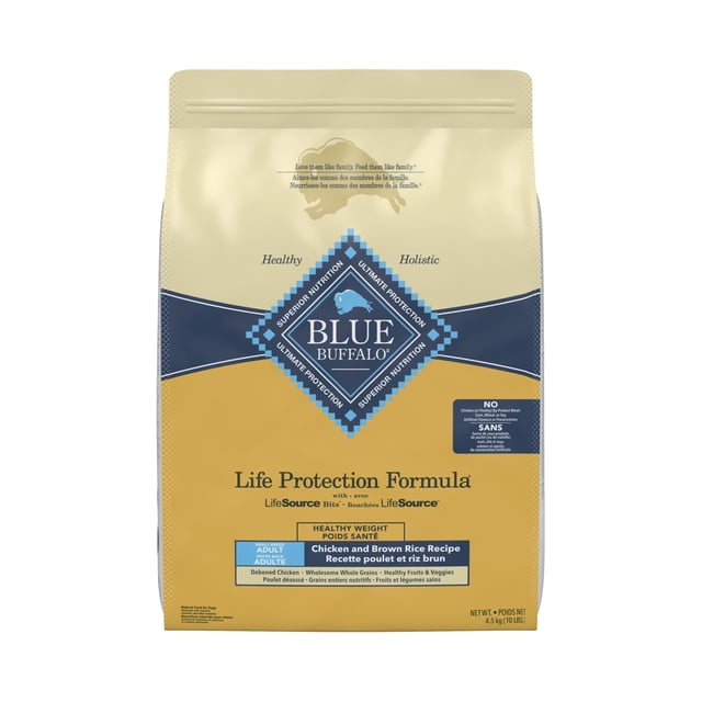 Blue Buffalo Life Protection Formula Adult Small Breed Healthy Weight Dry Dog Food bag in beige and gold with blue diamond logo, featuring chicken and brown rice recipe with LifeSource Bits for antioxidant support, no artificial flavors or poultry by-products, 4.5 kg (10 lbs).