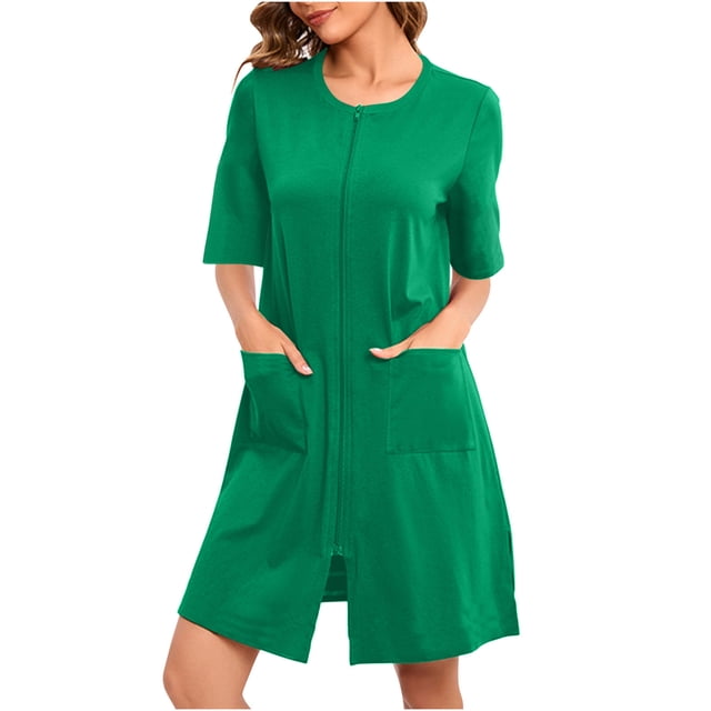 Bath Robe Womens Zip Front Robes Lightweight Short House Coat Zipper Nightgown with Pockets Bath Robe S-16 Green S
