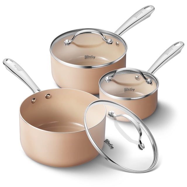 HLAFRG 1+2+3QT Nonstick Saucepan Set with Lids, featuring three cream white ceramic-coated saucepans with stainless steel handles and glass lids. Designed for fast and even heating, these small pots are easy to clean, require less oil for cooking, and are oven safe. Ideal for healthy and safe family cooking.