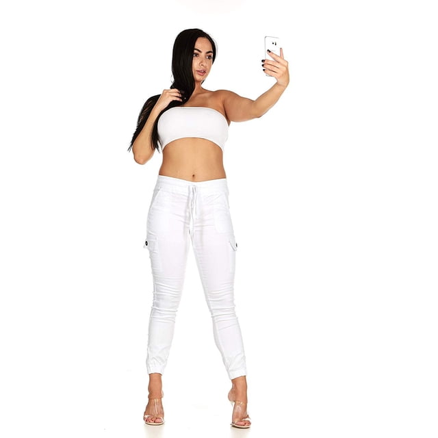 VIP Jeans Cute Cargo Mid Waisted Jogger Skinny Drawstring Plus Size 3XL, Color: White