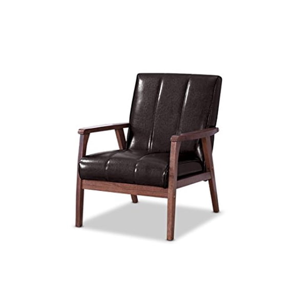 Baxton Furniture Studios Nikko Mid-Century Modern Scandinavian Style Faux Leather Wooden Lounge Chair, Medium, Dark Brown