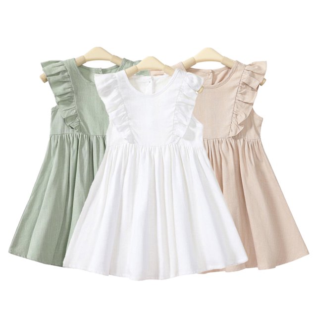 KYAIGUO Robes en Coton et Lin à Volants pour Bébés Filles Été Sans Manches Robe Décontractée Robe d'Été Couleur Unie Lin Coton pour 2-6 Ans