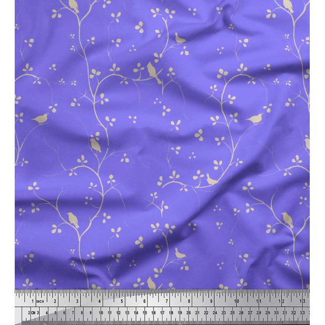 Soimoi Rayon Fabric Branches,Leaves & Bird Printed Fabric 1 Yard 42 Inch Wide
