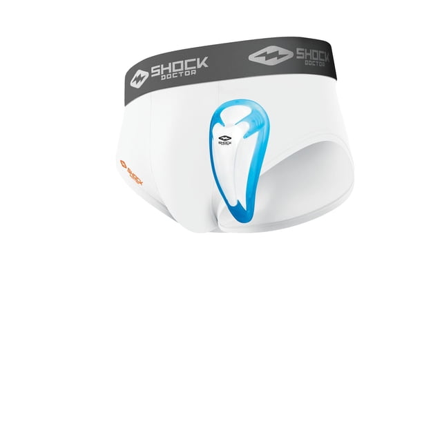 Shock Doctor Slip de Compression pour Garçons avec Bonnet Bioflex Blanc avec Ceinture logo Shock Doctor Noire, Montrant le Bonnet Athlétique Bioflex Ventilé Bleu Fixé sur le Panneau en Maille avant pour un Confort Évacuant l'Humidité et une protection dans l'Équipement de protection de baseball.