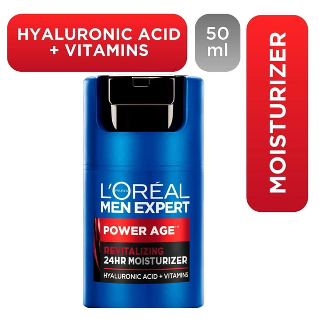 L'Oréal Paris Hydratant, Acide Hyaluronique, Hydratant pour Hommes Expert Power Age 24 H en Bouteille Bleue de 50 ml avec Bouchon à Clapet Noir, Doté d'Une Formule Revitalisante avec Acide Hyaluronique et Vitamines pour une Hydratation Toute la Journée et une Peau Plus Ferme.