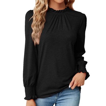 Yuyuzo Womens Tops Dressy Casual Mock Neck Smocked Cuffs T Shirts Long Puff Sleeve Blouses for Work Office