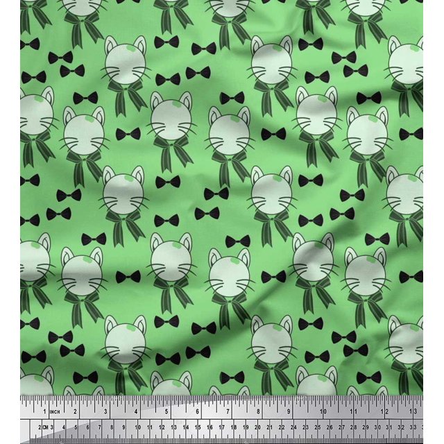 Soimoi Green Rayon Fabric Bow & Cat Face Kids Decor Fabric Printed Yard 56 Inch Wide