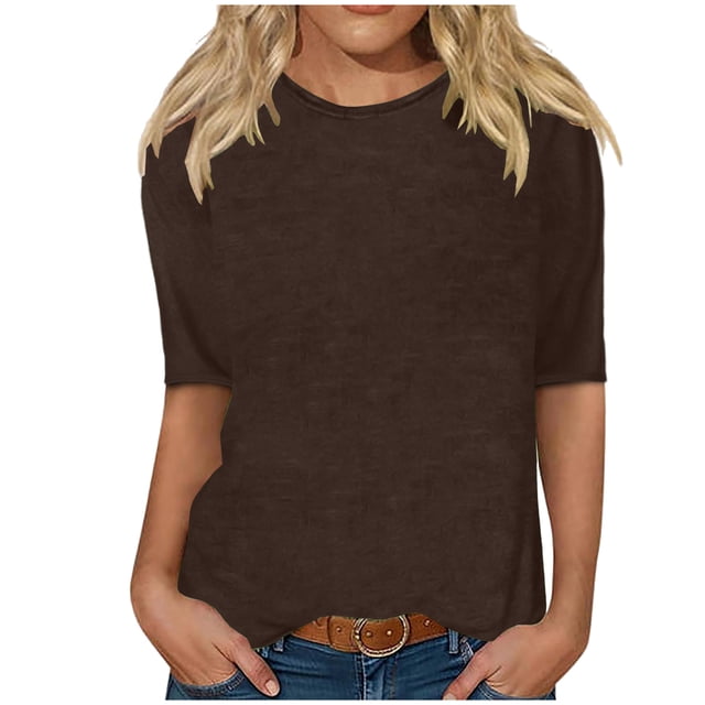 RKSTN Womens Tops Spring and Summer Half Sleeves Round Neck Casual Shirts Pullover Temperament Solid Color Slim Fit Blouse Tops