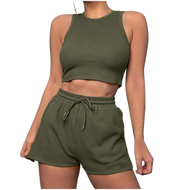ShomPort Womens 2PC Matching Set Sleeveless Round Collar Crop Tops High Elastic Waisted Drawstring Shorts Comfort Athletic Outfits