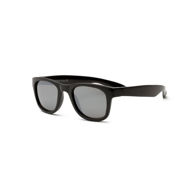 UVeez Wayfarer Babies Sunglasses with black flexible TPEE frames and dark polycarbonate lenses shown in a 3/4 angled view on white background, featuring unbreakable bendable design and 100% UVA/UVB protection, suitable for infant sun safety and outdoor play.