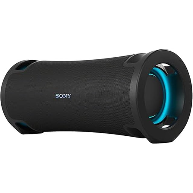 SONY ULT FIELD 7 Bluetooth Wireless Speaker in black with a cylindrical mesh design, blue illuminated passive radiators, dust- and rust-proof construction, portable Bluetooth connectivity, and long battery life suitable for outdoor use.