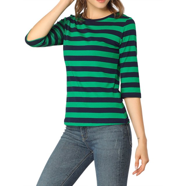 INSPIRE CHIC Hauts pour Femmes Non Doublés Col Rond Manches au Coude Coupe Ajustée T-Shirt Décontracté TG Vert Bleu Foncé
