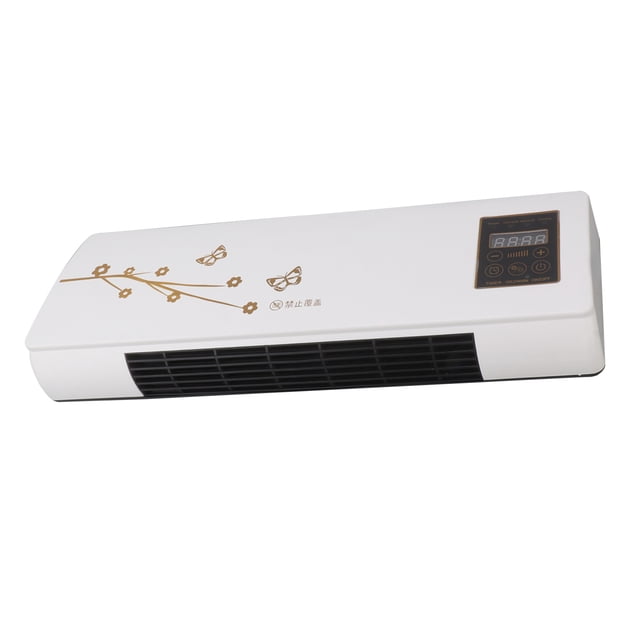 Wall Air Conditioner, dual-use wall-mounted air conditioner with smart functionality for bedroom use. Features a compact ABS design with decorative gold floral and butterfly accents on the white exterior. Includes a digital control panel for temperature and timer settings, and a remote control for convenience. Designed for cooling in summer and heating in winter, with a space-saving wall-mounted design. US plug, 110V. Suitable for energy-efficient climate control in small spaces.