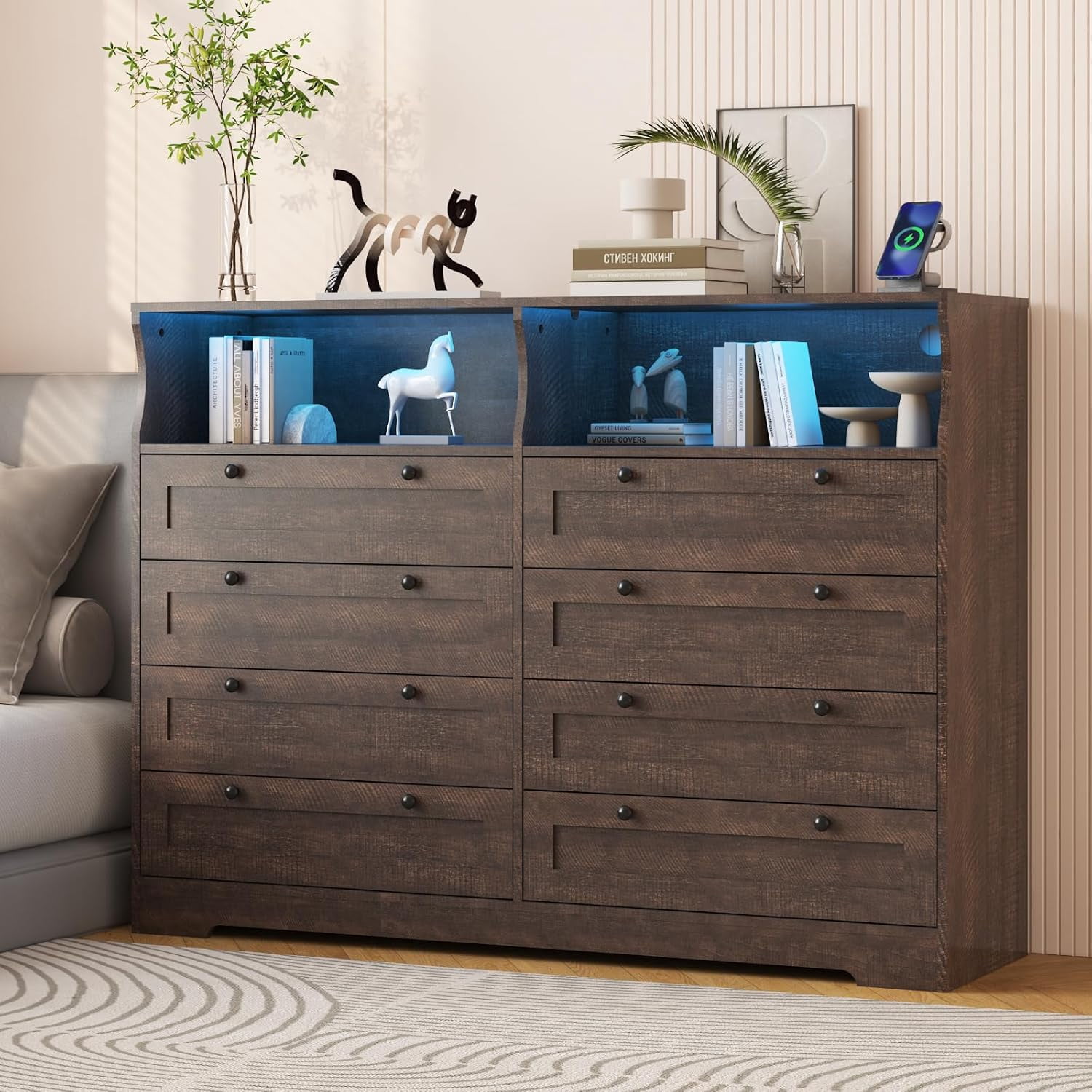 8 Drawers Wooden Dressers with LED Lights and Power Outlet for Adult, Modern Wood Dresser for Bedroom Living Room, Hallway, Wide Chest of Drawers Wood TV Stand Dressers for 55" TV