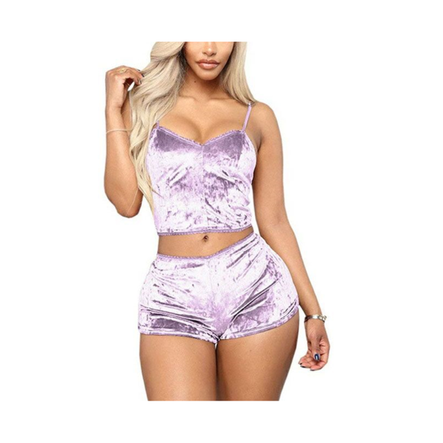 Women 2PCS Lingerie Set Slim Solid Sling Crop Top Short Elastic Band Pants