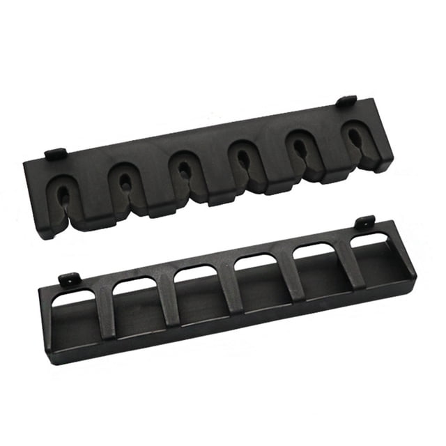 Fishing Pole Holders for Garage Vertical Fishing Rod Holder Wall Mounted Fishing Rod Rack Store Fishing Rod Combos. The image shows two black vertical fishing rod holders designed for wall mounting. Each holder features multiple slots with durable grip pads to securely hold fishing rods and protect them from scratches. The holders are lightweight, measuring 32x6.5x3cm (12.6x2.56x1.18in), and come with screws and drywall anchors for easy installation. Suitable for organizing fishing rods in garages or other storage spaces.