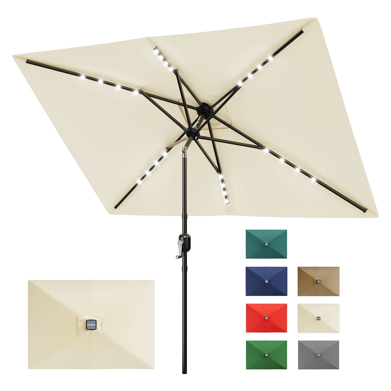 Solar Rectangular Patio Umbrella 10×6.5 ft with LED Lights, UV Protection, Fade Resistant, Crank Lift and Push Button Tilt, Vented Canopy for Outdoor Patio Garden Deck Pool, Beige Gray Turquoise Blue