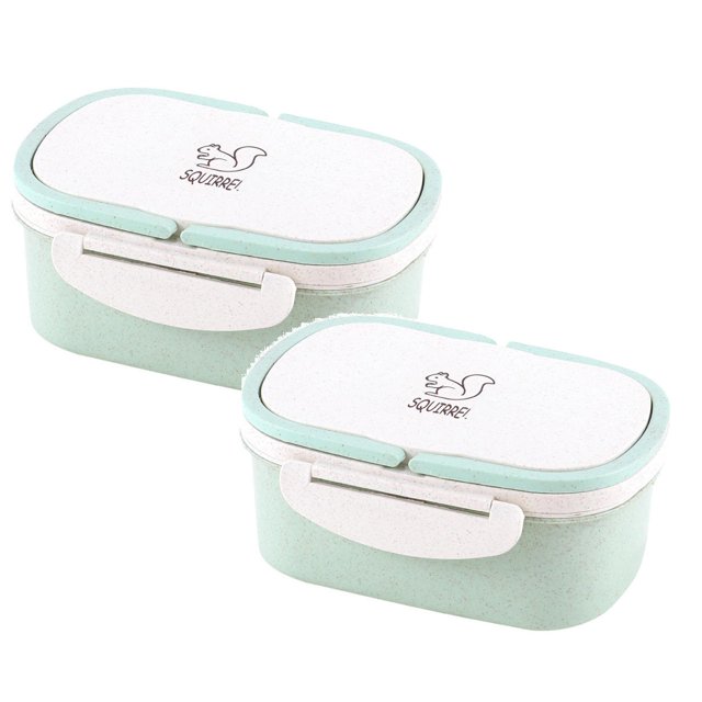 Oleegame 2PC Stainless Steel Cutlery Set Portable Wheat Straw Double Layer Thermal Box Lunch Containers For Adults Lunch Boxes For Kids Green