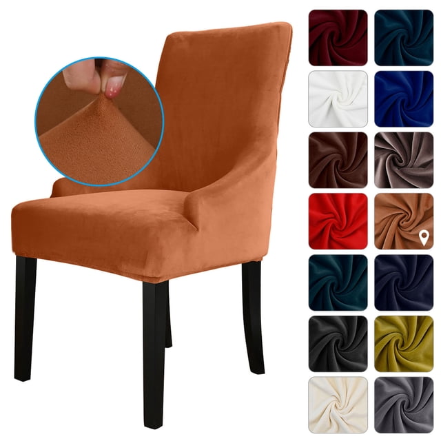 Amdohai Chair Cover Velvet Chair Slipcovers in camel color displayed on a dining chair. Made of soft velvet material, it is breathable, wrinkle-free, and super stretchable, suitable for all seasons. The cover features elastic edges for a secure fit and protects the chair from dust, water, wear, and stains. Multiple color options are shown on the side, including white, dark blue, black, red, and more.