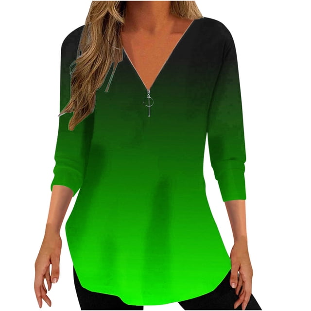 Penkiiy Chemises à Demi-Fermeture Éclair pour Femmes Dégradé Imprimé Col en V Chemise Manches 3/4 Roulables Tuniques Décontractées Tendance S Vert