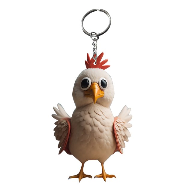EGNMCR Hanging Ornaments Rooster Pendant Key Backpack Handicraft Pendant Chicken Keychain. A whimsical rooster-shaped keychain featuring a detailed design with a red comb, large expressive eyes, and textured feathers. The keychain includes a sturdy metal key ring and chain, suitable for use as a key holder, bag charm, or decorative accessory. Ideal for chicken lovers and as a unique gift for various occasions.