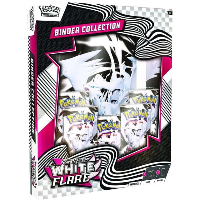 Pokémon Pokemon TCG : Collection de Cartable Écarlate et Violet-Blanc Évasé Comprenant un Cartable à 9 Pochettes avec Illustration de Lugia Blanche et Motifs Abstraits Noirs, plus 5 Paquets booster de l'Extension Écarlate et Violet-Blanc Évasé, Emballés dans une Boîte à Thème Noir, Blanc et Rose Adaptée à l'Organisation de Cartes.