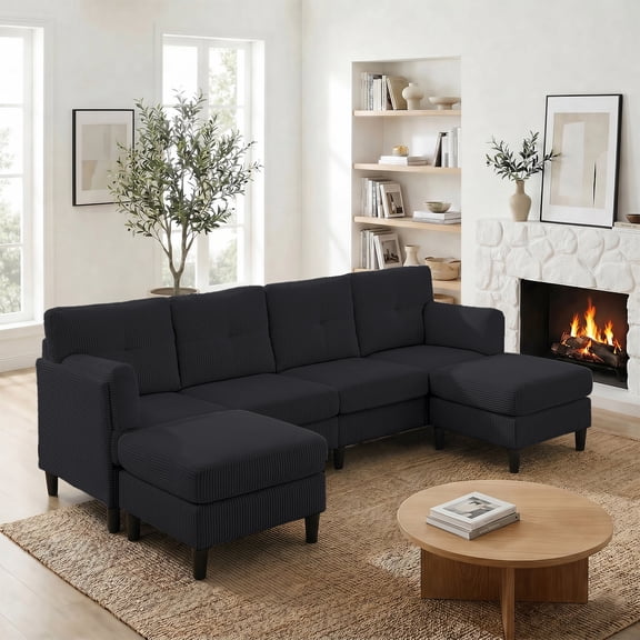 Puremind Canapé en U avec 2 Ottomans Mobiles, Canapé Sectionnel Modulaire en Velours Côtelé pour Salon/appartement, Noir