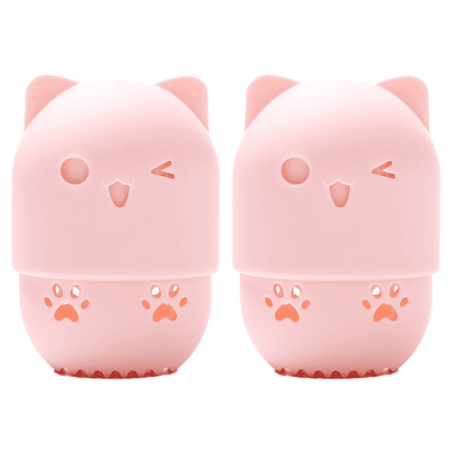 Silicone Makeup Sponge Travel Protective Plastic Beauty Blender Holder with two pink cat-shaped silicone cases featuring winking faces and paw print designs. Ideal for travel, these wear-resistant cases fit dry and wet foundation blenders of various shapes and brands.