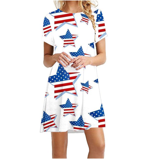LNGOOR Robes d'Été de Jour de l'Indépendance pour les Femmes à Manches Courtes Étoiles Rayures Imprimées Casual Col Rond une-Ligne Mini Robe