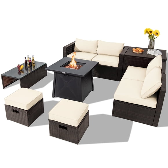 Topbuy 9 Pieces Outdoor Patio Furniture Set with 30" Propane Fire Pit Table Outdoor PE Wicker Space-Saving Sectional Sofa Set with Storage Box and Cushions Off White