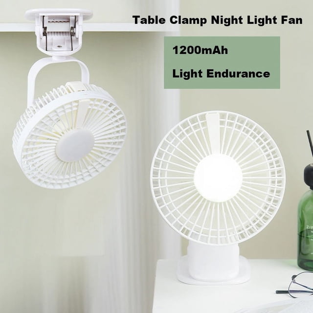 EGNMCR Portable Fan Desk Fan 6-inch Small Fan with rotating and shaking head functionality. The fan is shown in two configurations: mounted on a table edge using a clamp and placed on a desk with its base. It features a built-in night light and a compact, white design suitable for small spaces like kitchens, bedrooms, or camping setups. The fan is powered by a 1200mAh battery, offering portability and convenience.