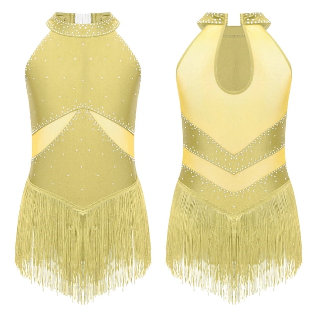 iefiel Combinaison de Danse Latine Rumba Salsa Tango à Franges pour Filles, Jaune 10