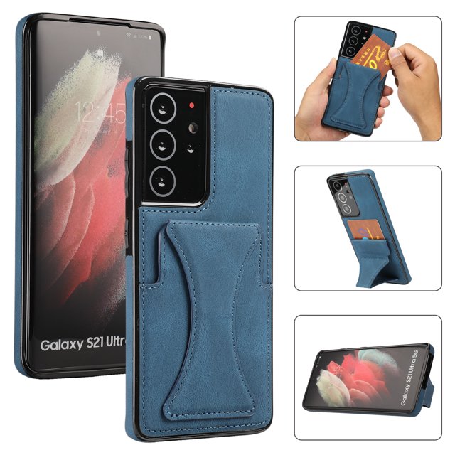 Leather Stand Case For Samsung Shockproof Card Slot Phone Cover, S20P Blue