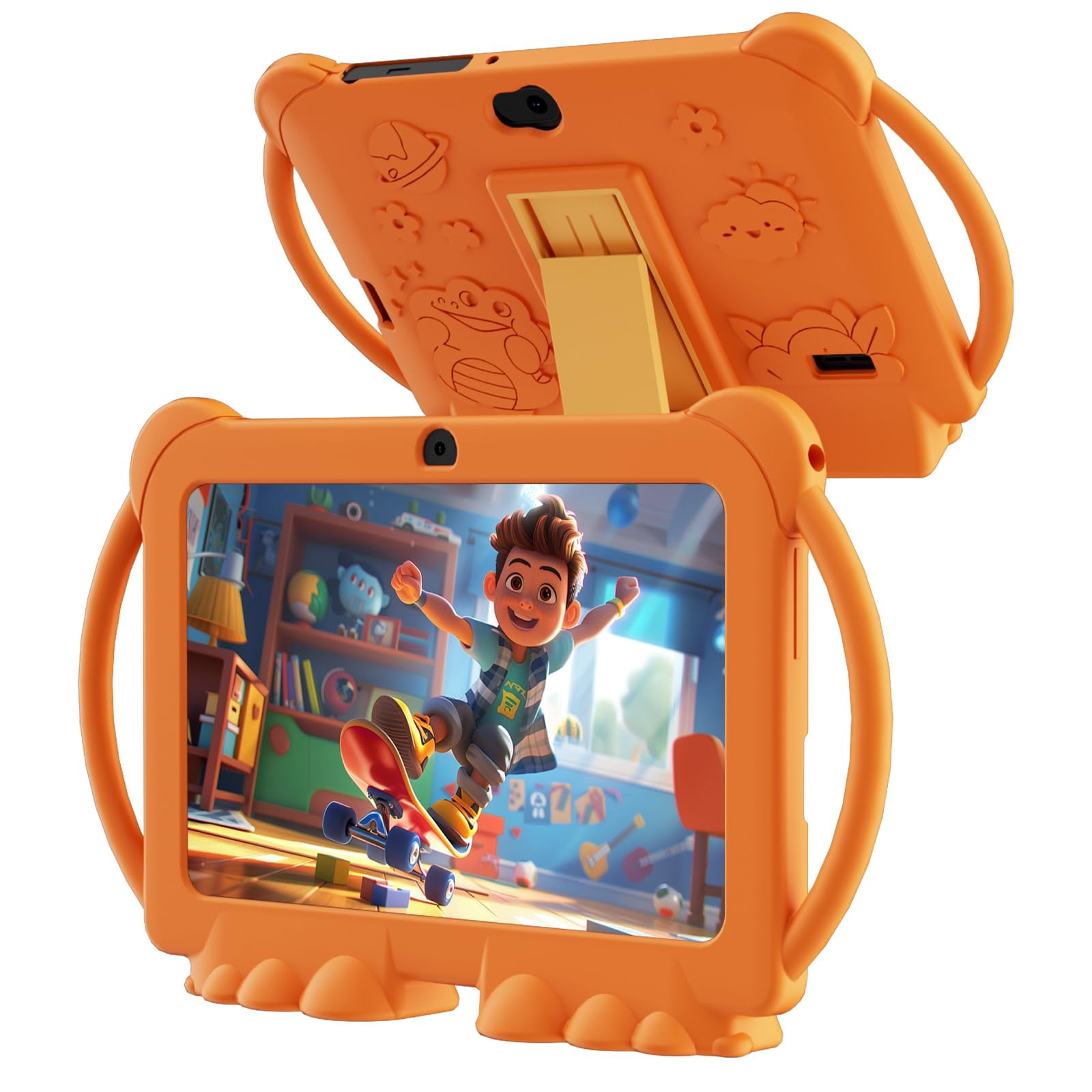 PEICHENG Kids Tablet 7 inch Android 12.0 for Toddler 4GB RAM 32GB ROM Bluetooth IPS Screen Parental Control Dual Camera Shockproof Case for Educational Games (Orange)