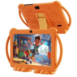 PEICHENG Kids Tablet 7 inch Android 12.0 for Toddler 4GB RAM 32GB ROM Bluetooth IPS Screen Parental Control Dual Camera Shockproof Case for Educational Games (Orange)