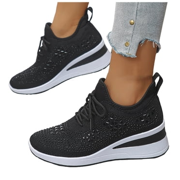 Espadrilles de Marche à Plateforme Compensée Étincelantes en Strass pour Femmes, Mode, Maille Respirante, Bling, pour Soins Infirmiers, Travail, Tennis