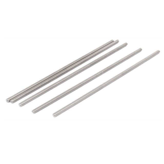 Unique Bargains M5 x 180 mm Attaches de Barre à Tige Entièrement Filetées en Acier Inoxydable 304 Couleur Argent, Présentées comme un Ensemble de Cinq Tringles. Chaque Tige Présente un Filetage sur Toute Sa Longueur, Conçue pour Être Utilisée avec des Écrous Filetés Ou des Trous Taraudés pour l'Assemblage de Composants. Souvent Utilisée dans les Attaches de Quincaillerie pour des Projets de construction Ou de Réparation.