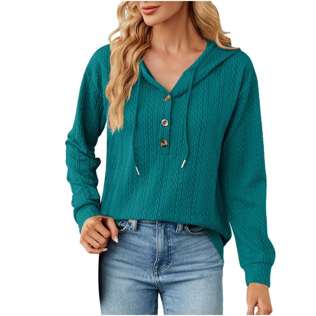 Yuyuzo Womens Fall Sweatshirts Drawstring V Neck Buttons Long Sleeve Textured Knit Pullover Tops
