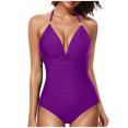 thumbnail image 3 of VBTAPA Halter Tankini Swimsuit for Women Tummy Control One Piece Bathing Suit Sliming V Neck Ruched Swimwear on Clearance Purple XS, 3 of 5