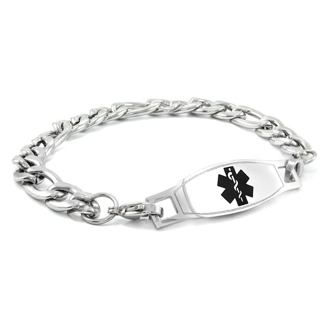 MedicEngraved Bracelet à Maillons Figaro 9 mm en Acier Inoxydable 316L pour Chirurgie avec Étiquette Médicale en Émail - Gravure Médicale Incluse