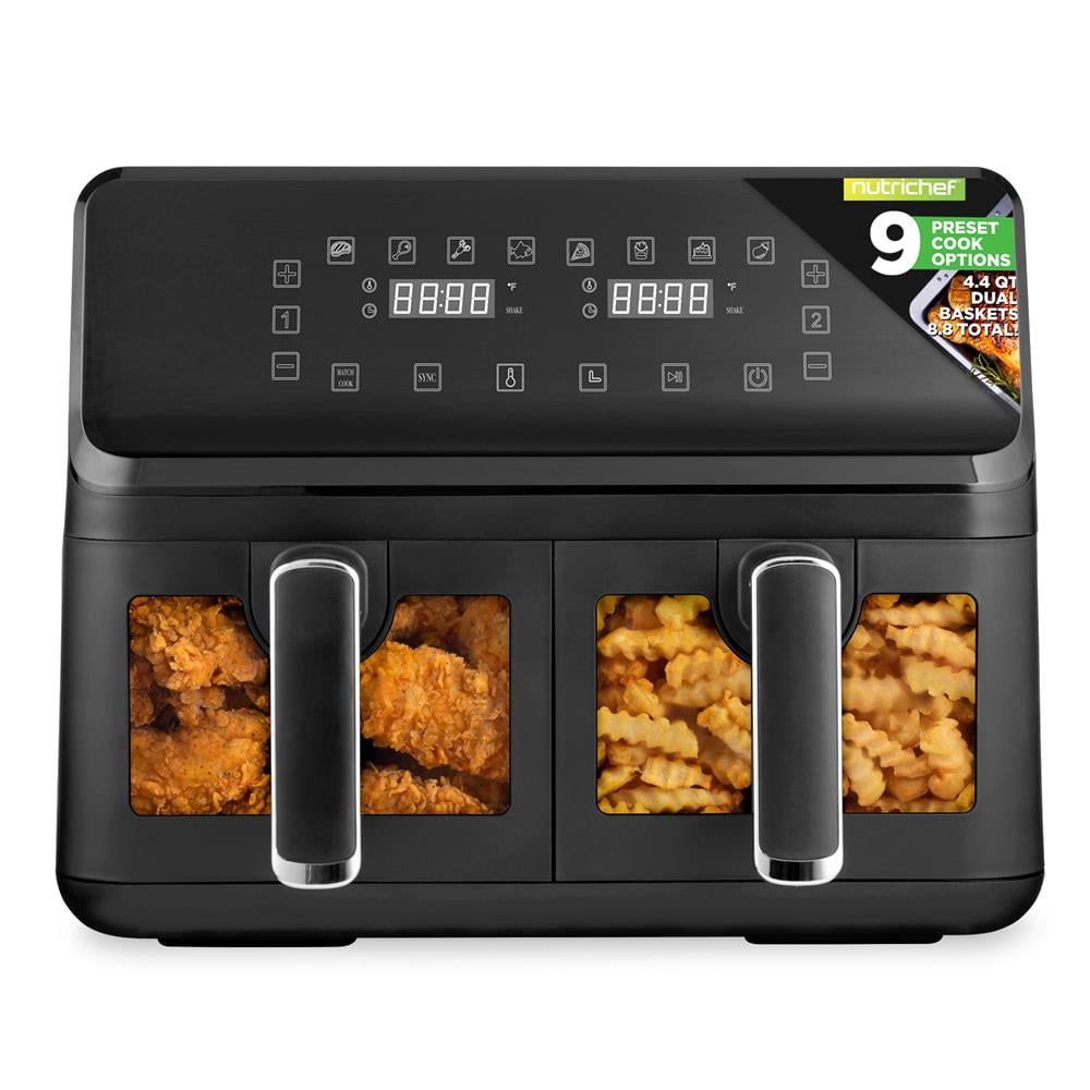 NutriChef Double Basket Air Fryer, 9 Cooking Options/Presets, Precise Temp Control, Oil-Free Cooking with Transparent Window, Dual 4.4QT Baskets for Versatile Meals, Sleek Black Design