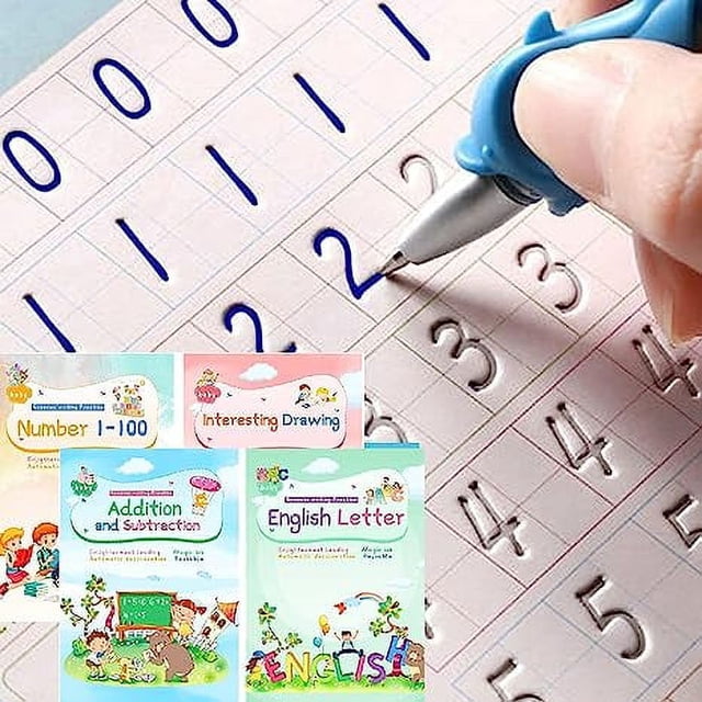 Zhuge Magic Ink Copybooks for Kids, a set of 4 reusable handwriting workbooks with grooves template design for preschool practice. Includes English letters, addition and subtraction, number 1-100, and interesting drawing activities. Features magic ink that fades in 30 minutes for repeated use. A hand is shown using the included pen with silicone handwriting aid to trace numbers on thick, smudge-resistant paper.